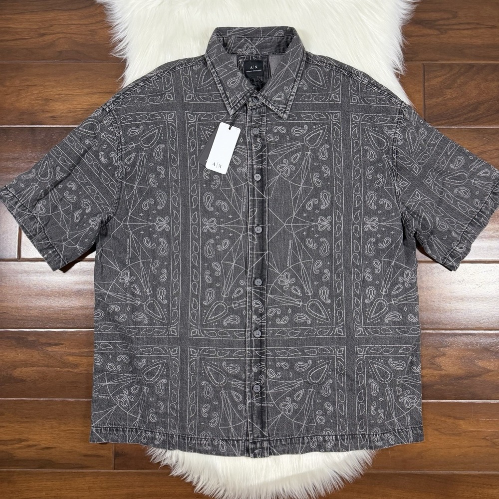 Armani Exchange A|X Size Medium Gray Bandana Print Short Sleeve Button Up Shirt